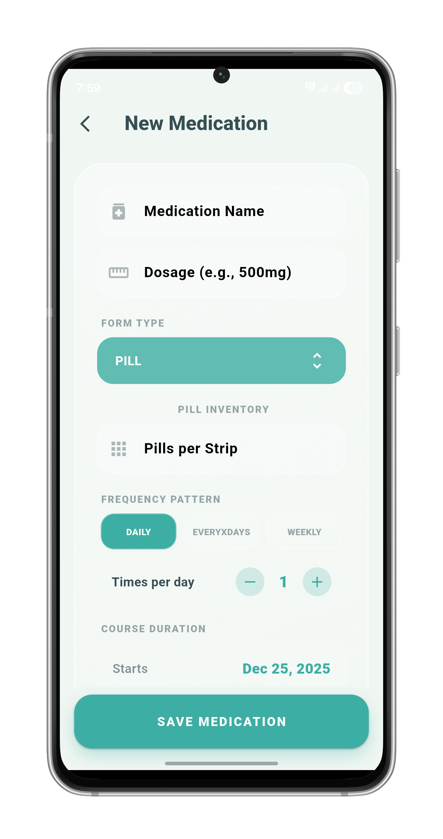 Pilzy Add Medication screen