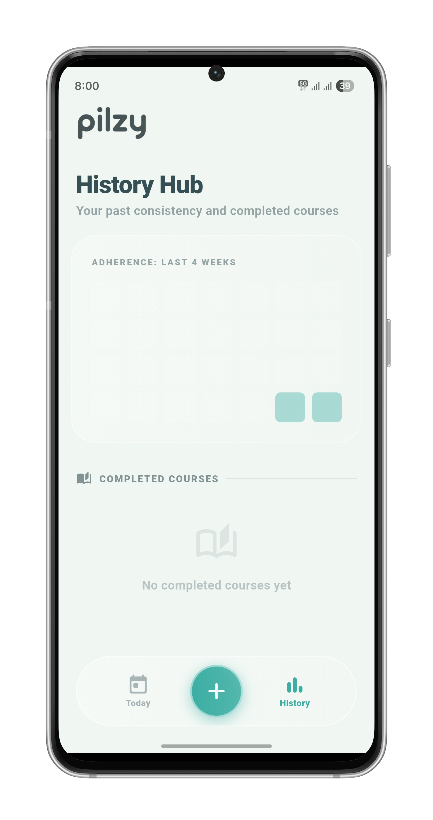 Pilzy History Hub with adherence tracking