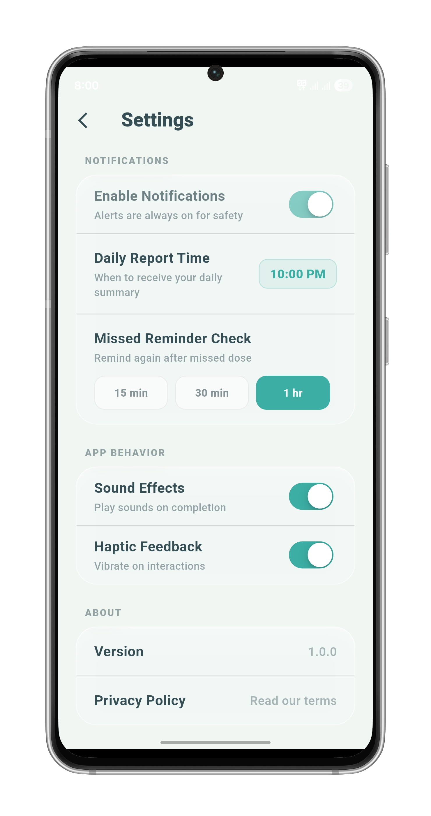 Pilzy Settings with notification controls