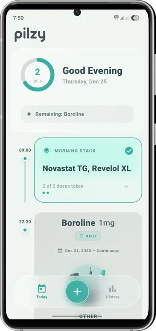 Home screen with today's dose ring and a timeline of scheduled medications.