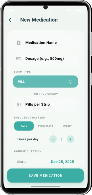 Add medication form with name, dosage and course length fields.