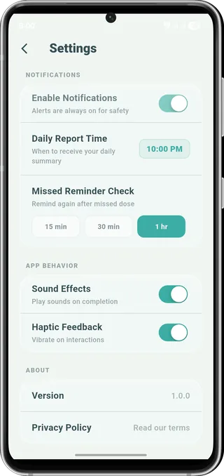 Settings screen with notification, sleep window and appearance controls.